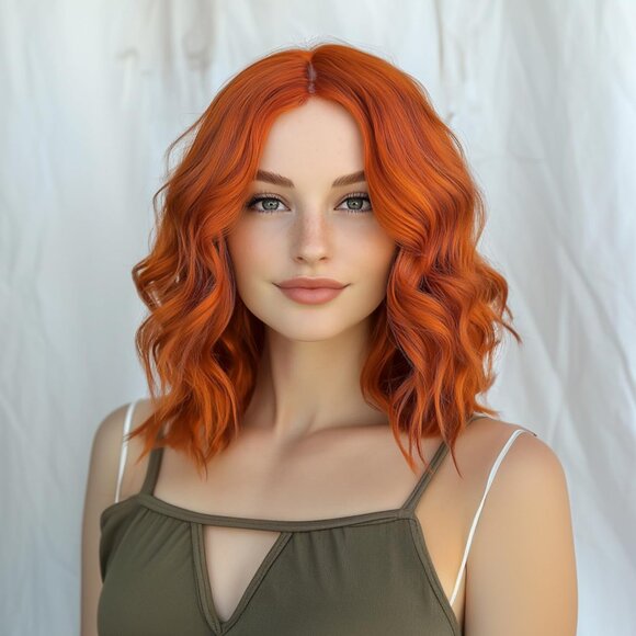 Short Wavy Copper Red Wigs for Women 14 Inch Middle Part Shoulder Length